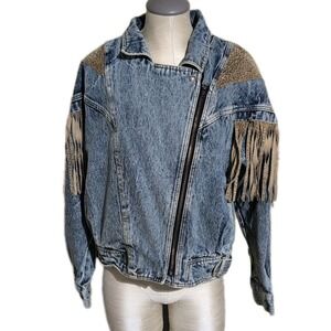 Vintage HAVOC Acid Wash Denim Jean Jacket Leather Fringe Size Large 80s